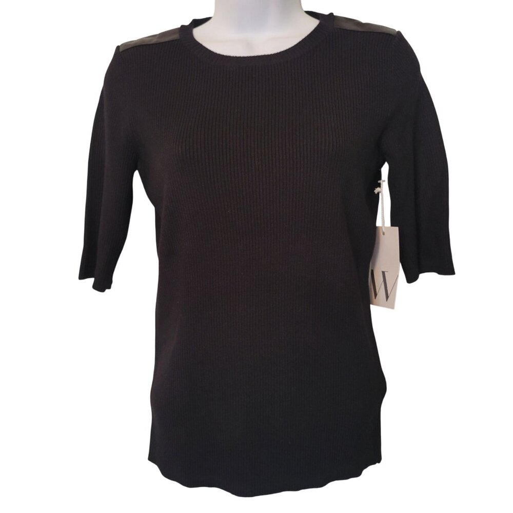 Worthington S Black Ribbed Knit Sweater‎ Faux Leather Shoulder Detail